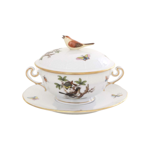 Soupcup with saucer, bird knob
